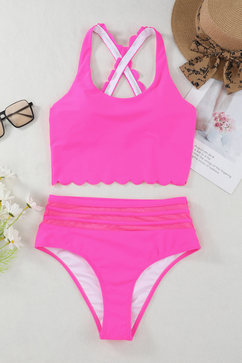 Scalloped Criss Cross High Waist Bikini | Rose