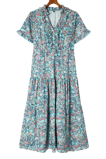 Paisley Print Boho Holiday Ruffle Tiered Maxi Dress | Sky Blue