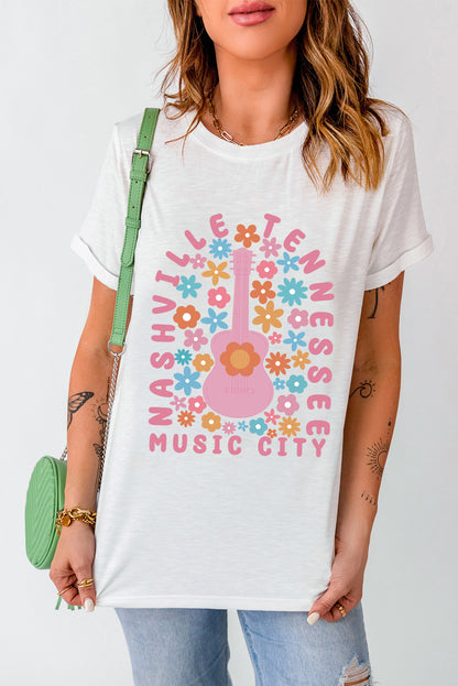 Floral Guitar Nashville Slogan Graphic T Shirt | White