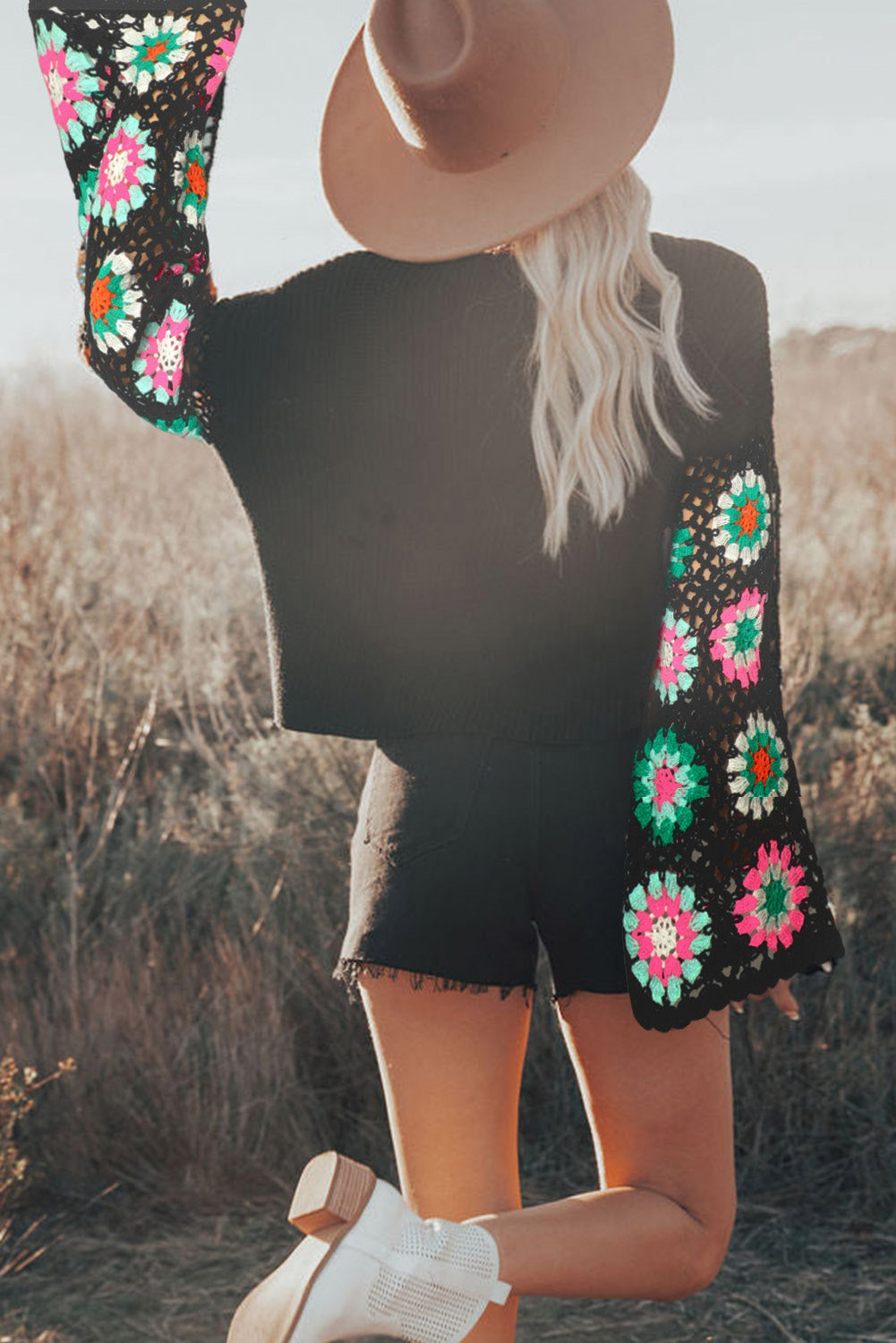 Floral Crochet Bell Sleeve Loose Sweater | Black