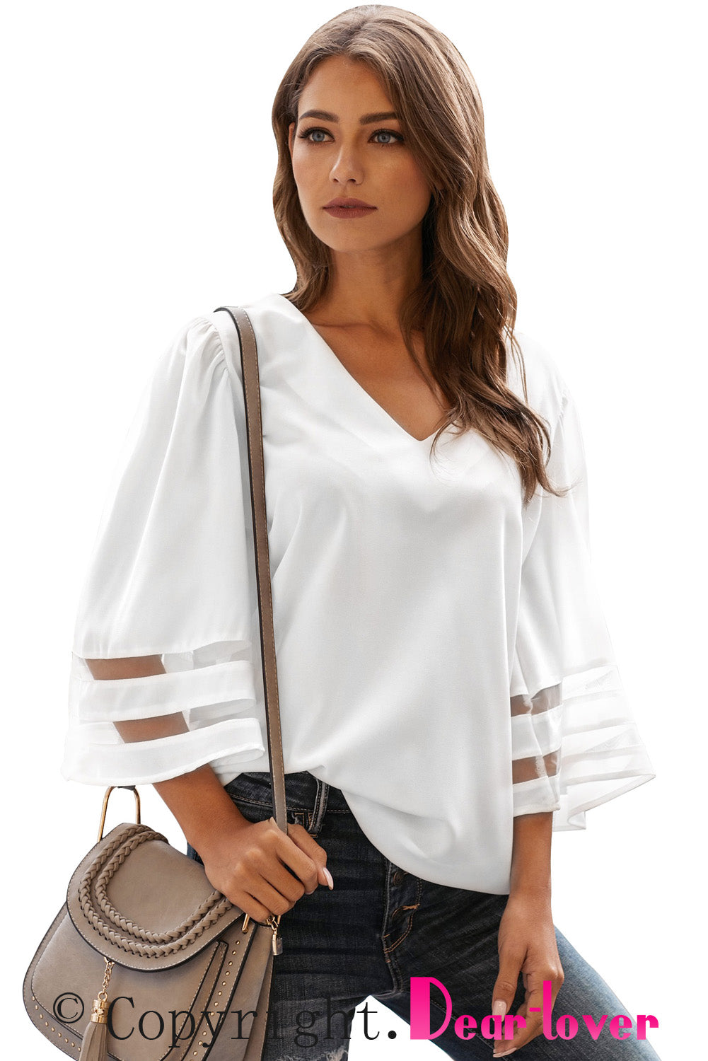 Flare Sleeve V Neck Loose Blouse | White