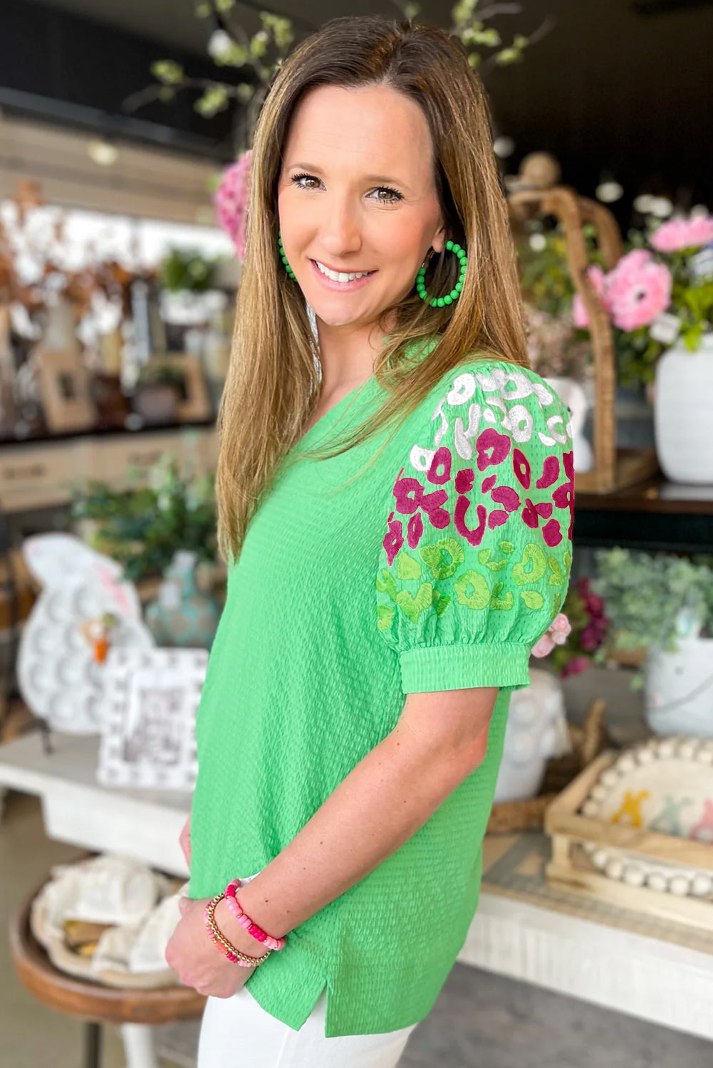 Leopard Printed Bubble Sleeve V Neck Blouse | Green