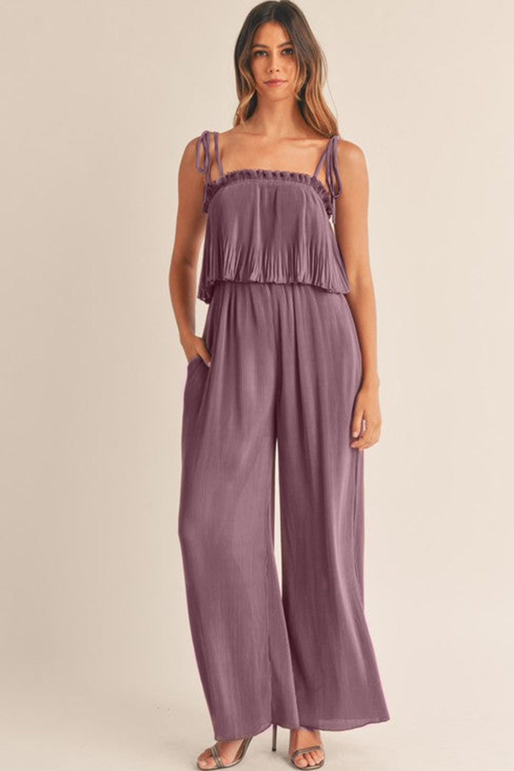 Solid Self Tied Straps Pleated Wide Leg Jumpsuit | Rose Tan