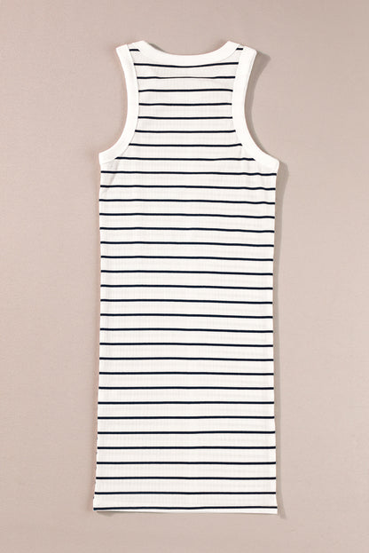 Ribbed Knit Tank Mini Dress | White Stripe