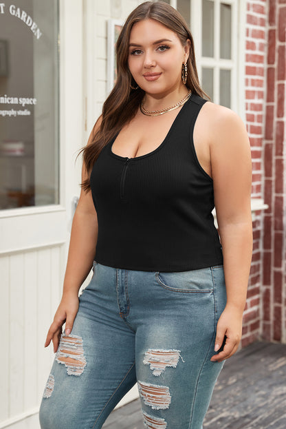 Plus Size Zipper Front Racerback Ribbed Tank Top | Black