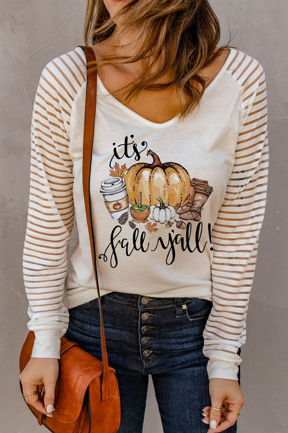 Its Fall Y'All! Pumpkin Graphic Print V Neck Top | White