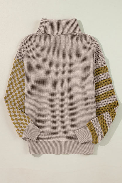 Striped Plaid Patchwork Waffle Knit Turtleneck Sweater | Smoke Gray