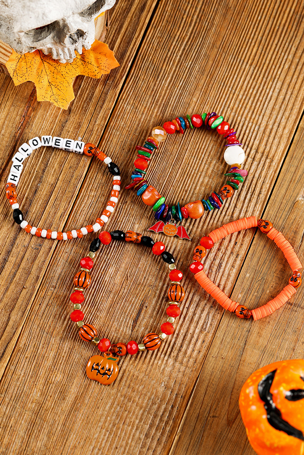 4Pcs Halloween Pumpkin Bat Spider Bracelet Set | Orange