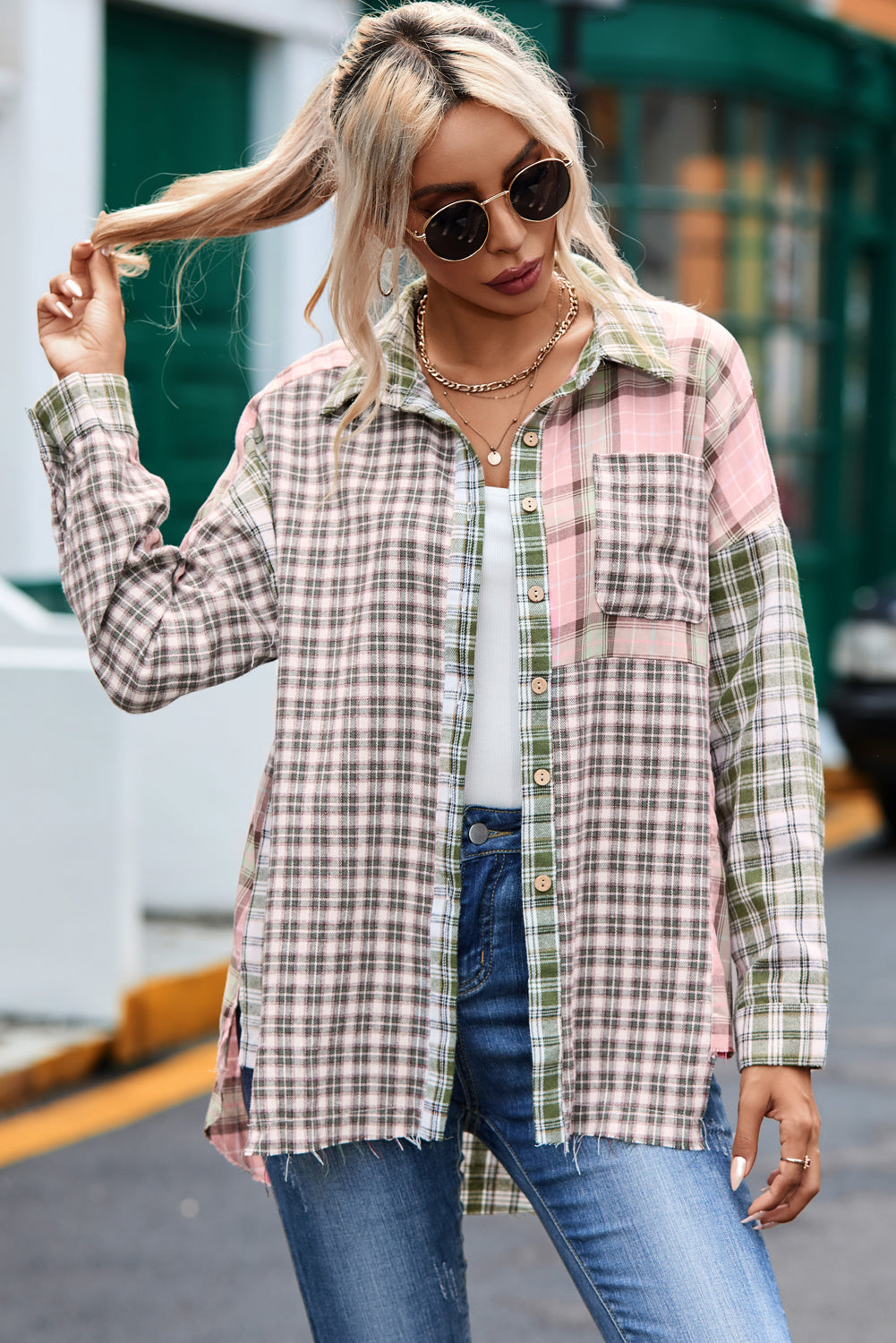 Plaid Patchwork High Low Oversized Shirt | Multicolour