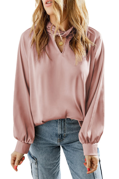 Twist High Neck Puff Sleeve Satin Blouse | Pink