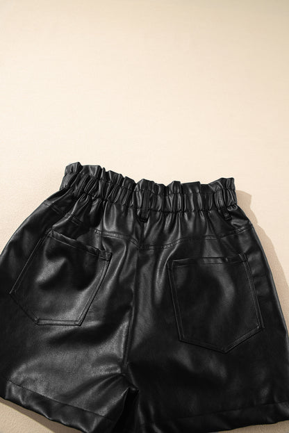 Faux Leather Paper Bag Waist High Rise Shorts | Black