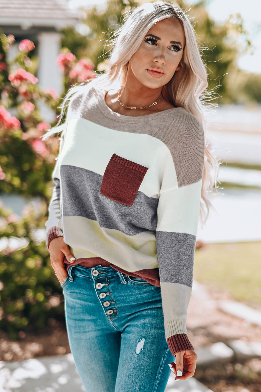 Colourblock Pocketed Sweater | Purple