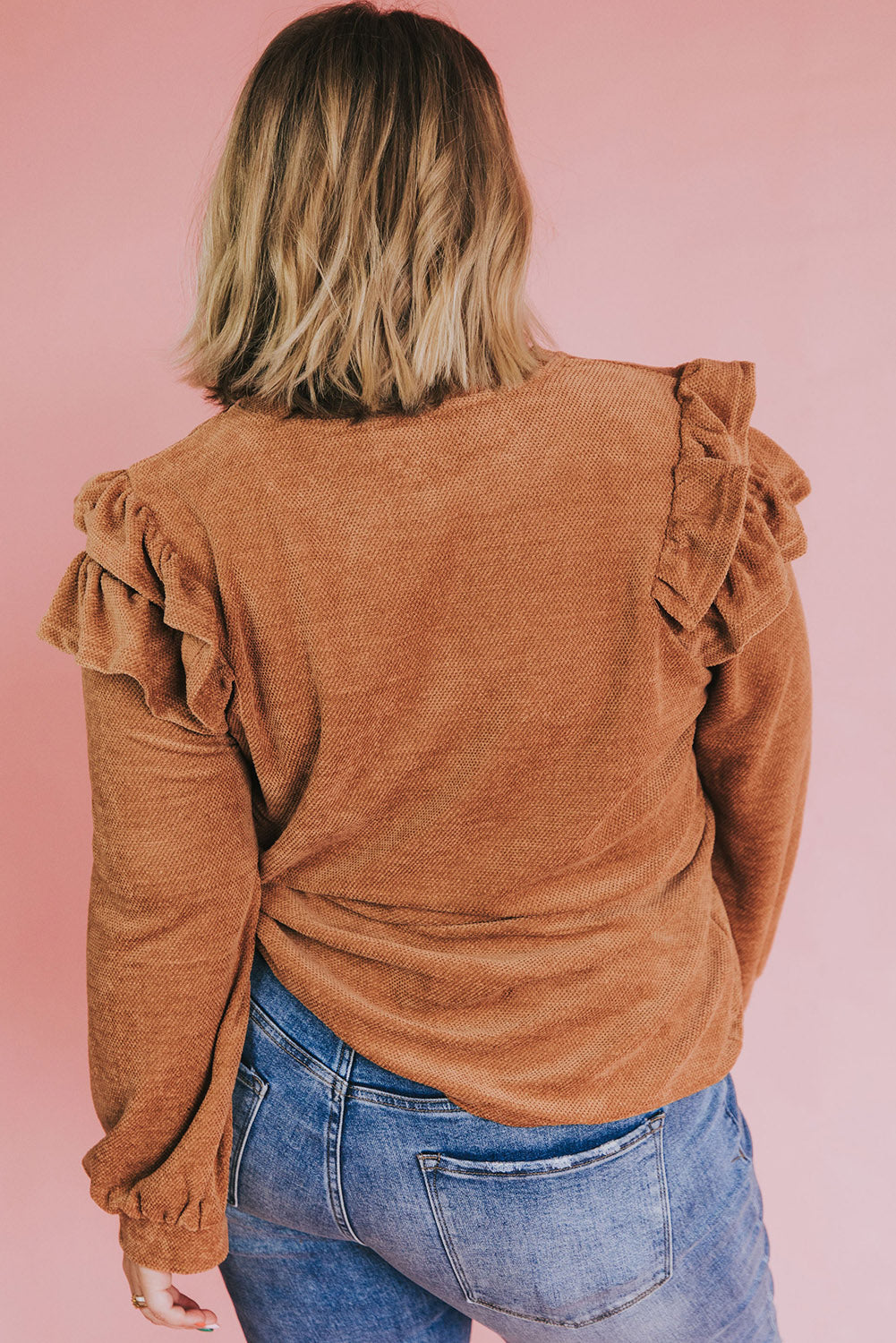 Plus Size Solid Ruffled Tiered Long Sleeve Top | Brown