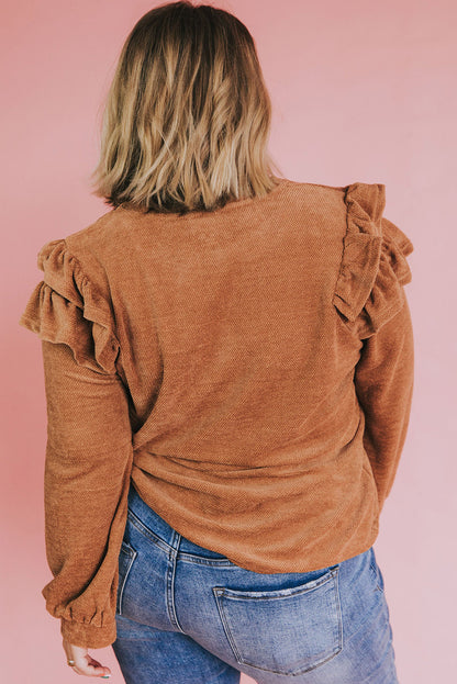 Plus Size Solid Ruffled Tiered Long Sleeve Top | Brown