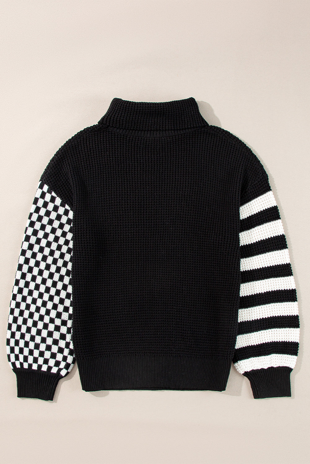 Striped Plaid Patchwork Waffle Knit Turtleneck Sweater | Black