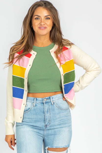 Colourful Pattern Button Front Sweater Cardigan | White Stripe