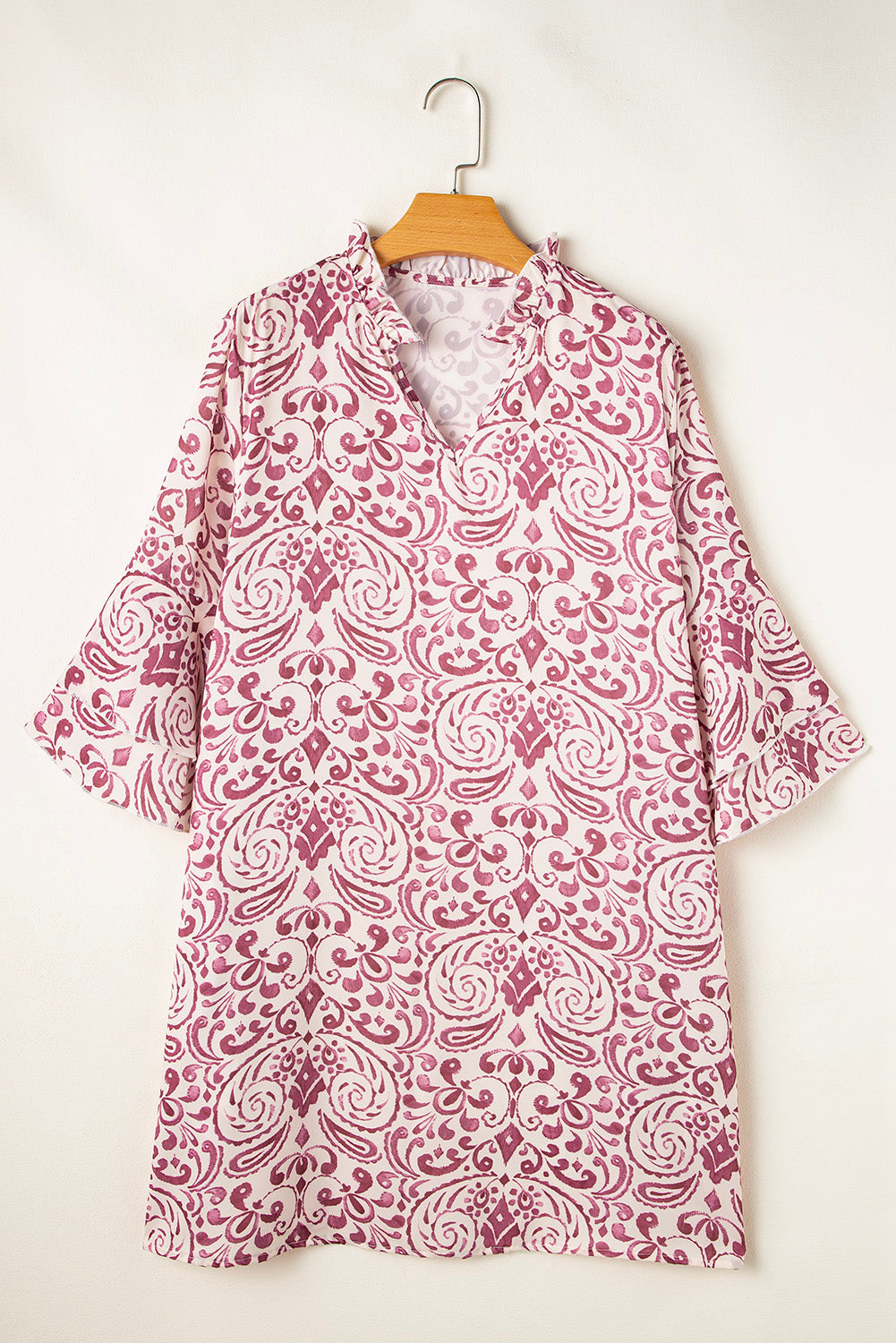 Paisley Print Tiered 3/4 Sleeve Notched Neck Mini Dress | Pink