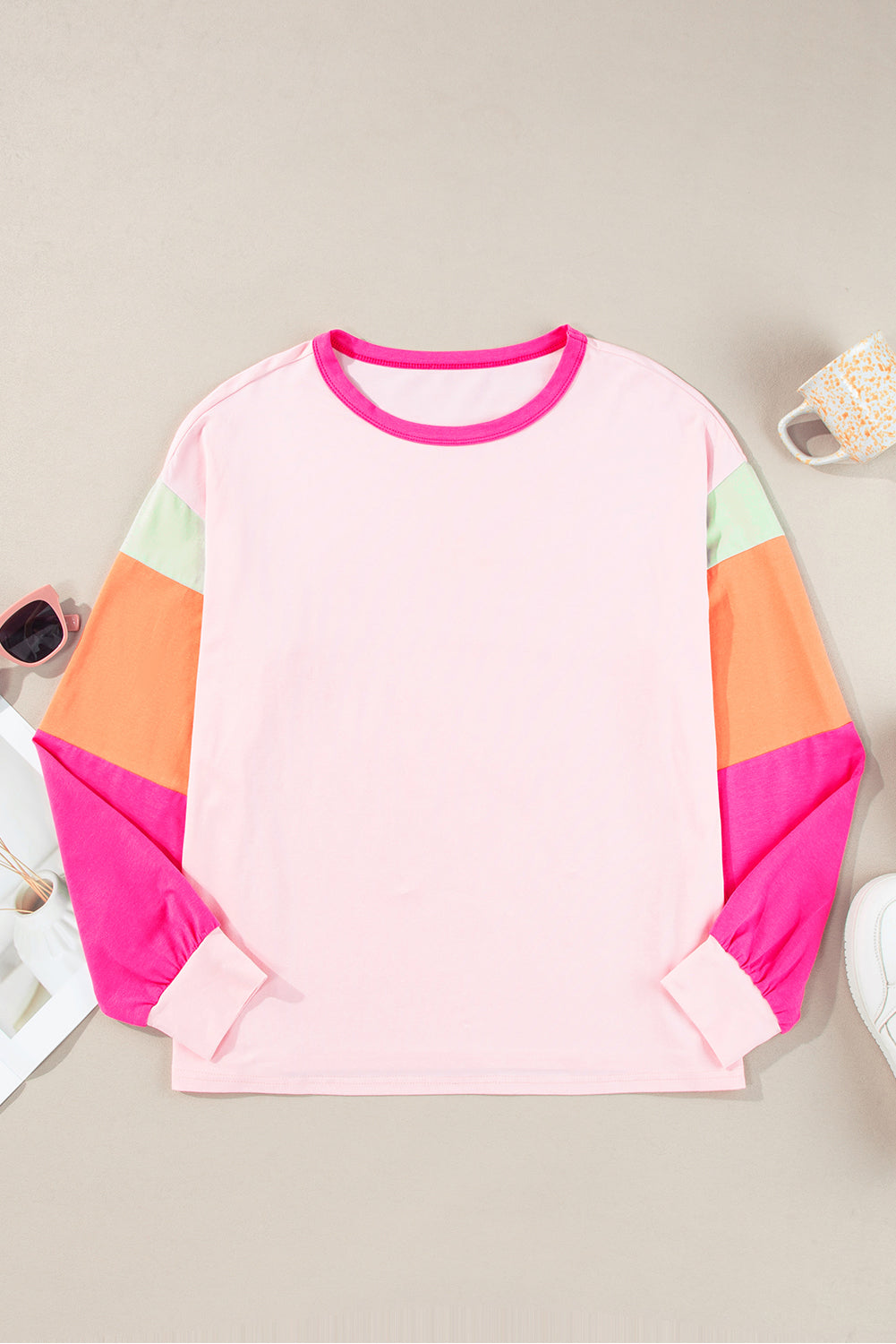 Colourblock Patchwork Long Sleeve Loose Top | Pink