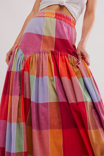 Plaid Print Ruched High Waist Casual Maxi Skirt | Multicolour