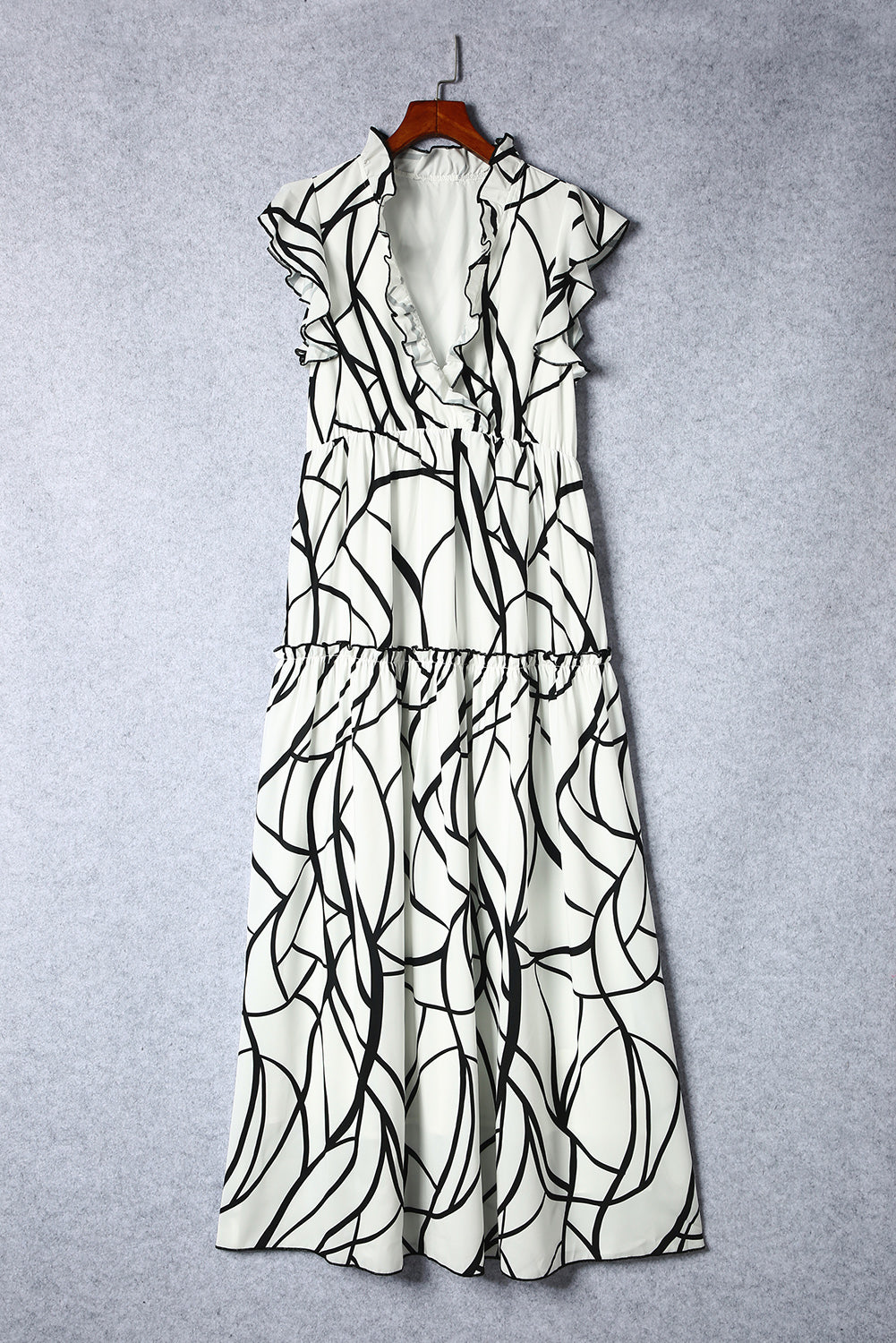 Abstract Vein Print V Neck Ruffle Maxi Dress | White