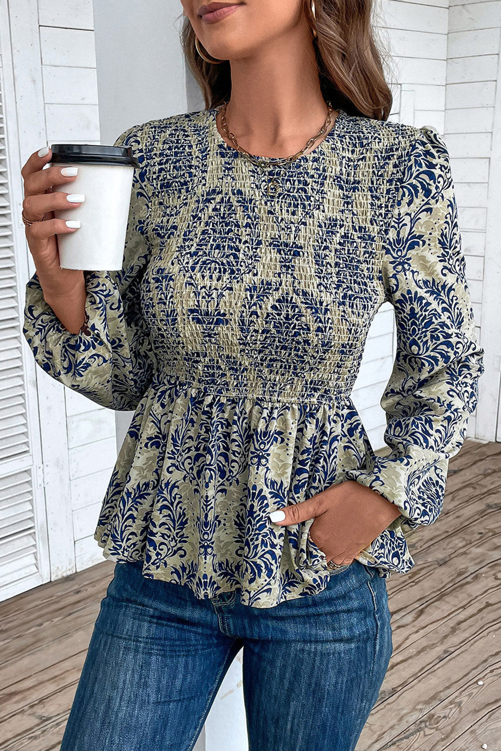 Boho Printed Balloon Sleeve Smocked Peplum Blouse | Sky Blue