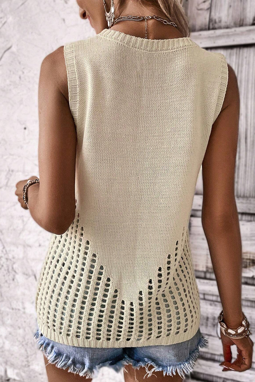 Pointelle Detail Solid Colour Knit Sweater Vest | Beige