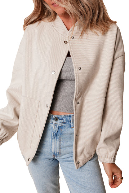 Baseball Collar Snap Button Pocketed Bomber Jacket | Beige