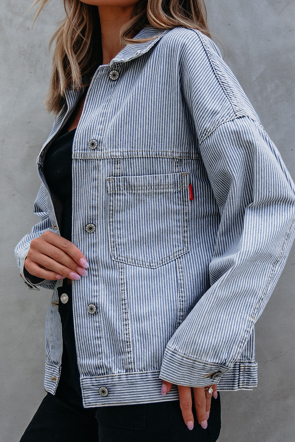 Washed Oversize Pocketed Denim Jacket | Sky Blue Stripe