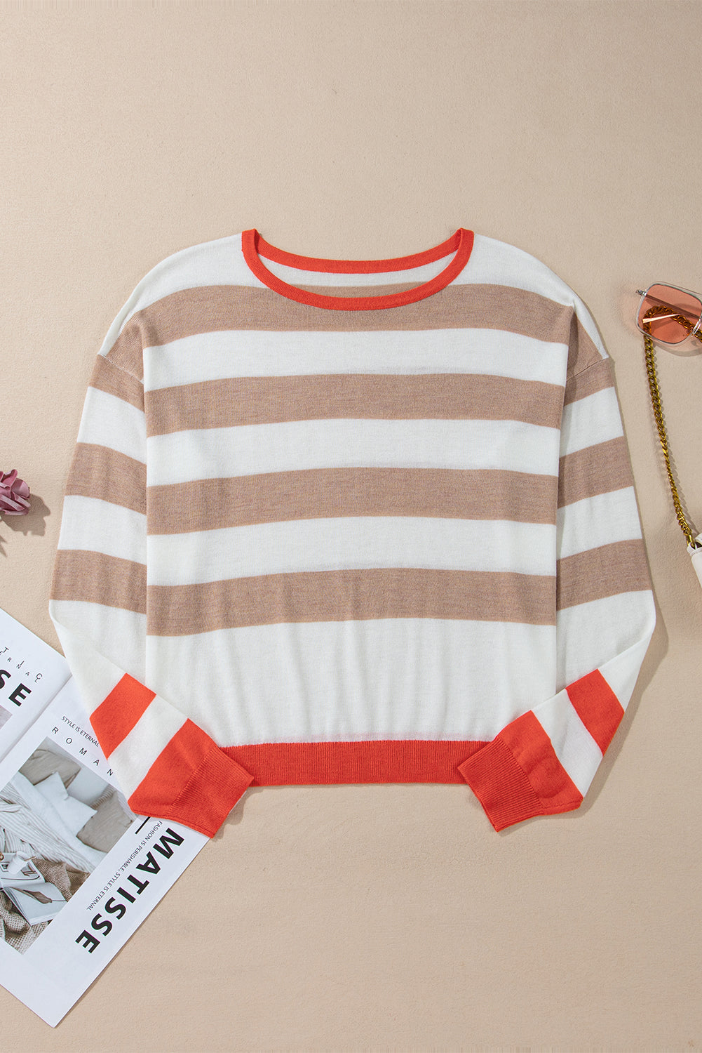 Colourblock Striped Round Neck Drop Shoulder Sweater | Apricot