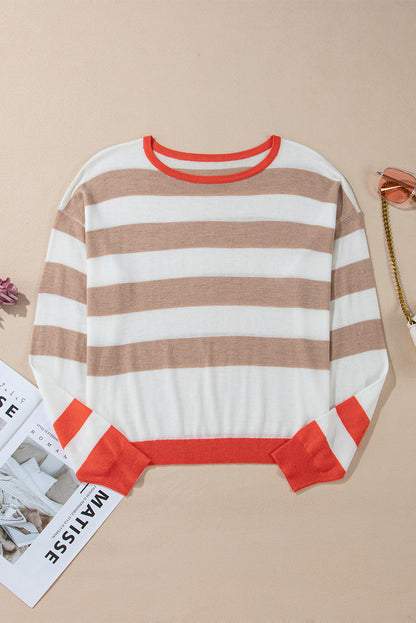 Colourblock Striped Round Neck Drop Shoulder Sweater | Apricot