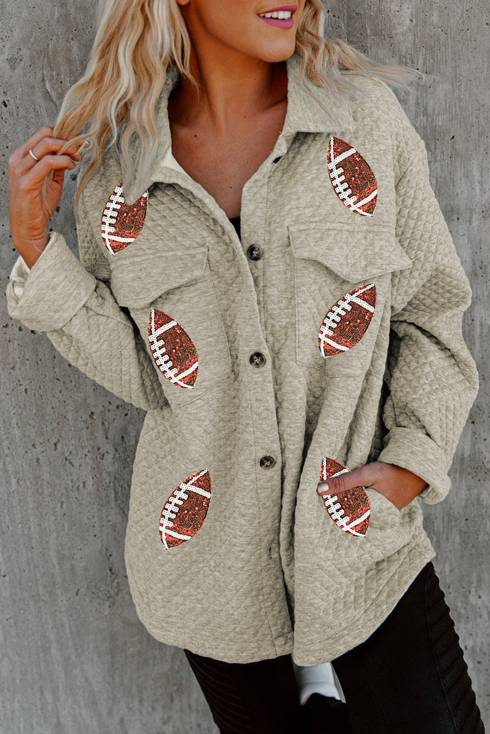 Beige Sequin Rugby Football Quilted Buttoned Turn Down Collar Shacket