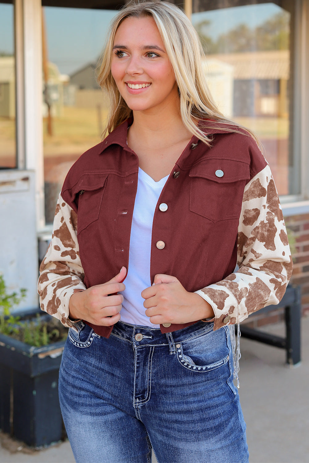 Fiery Red Abstract Print Sleeve Back Fringed Cropped Denim Jacket