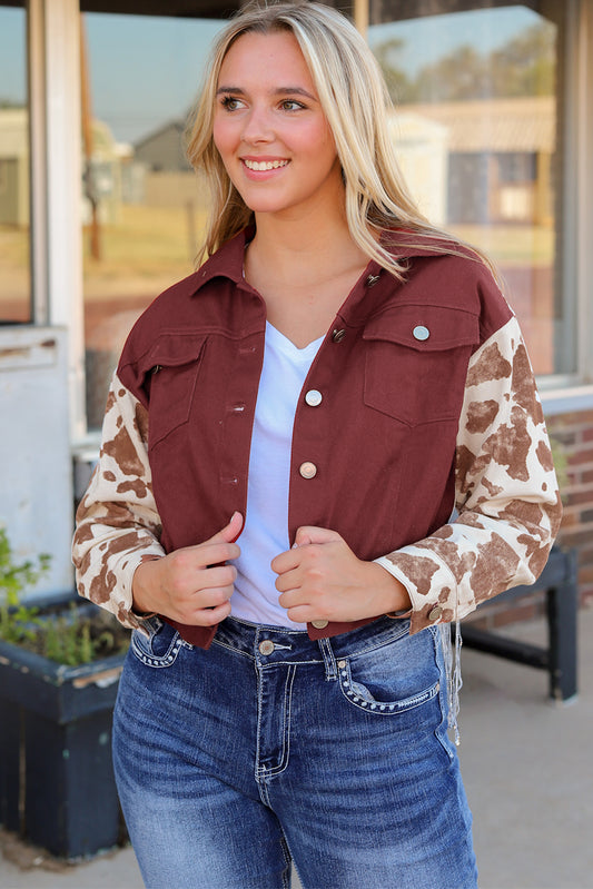 Fiery Red Abstract Print Sleeve Back Fringed Cropped Denim Jacket