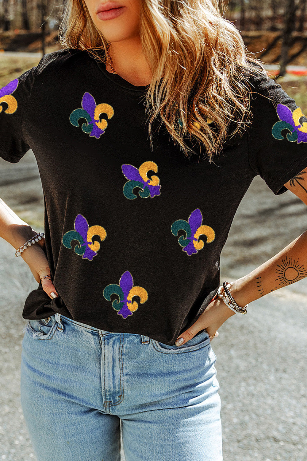 Chenille Mardi Gras Pattern Patched Crew Neck Tee | Black