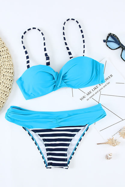 Striped Blue Padded Gather Push-Up Bikini Set | Blue