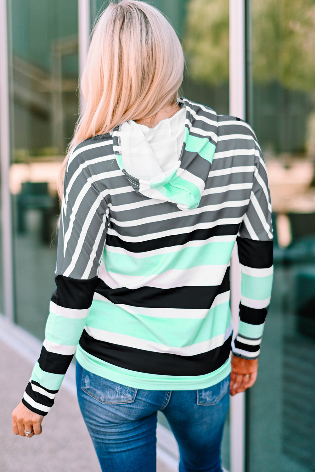 Striped Drawstring Long Sleeve Hoodie | Green