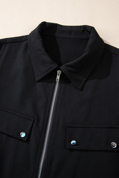 Collar Tab Sleeve Zip Up Flap Detail Jacket | Black