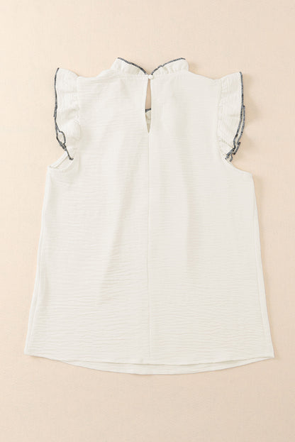 Contrast Trim Ruffled Crew Neck Sleeveless Top | White