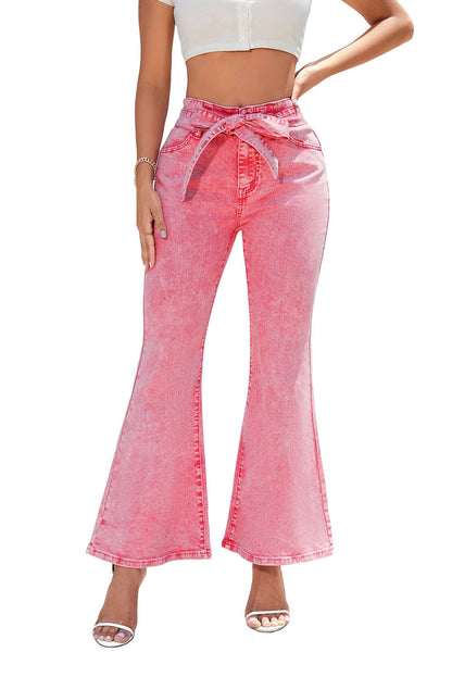 Flare Leg High Waist Front Knot Casual Jeans | Pink