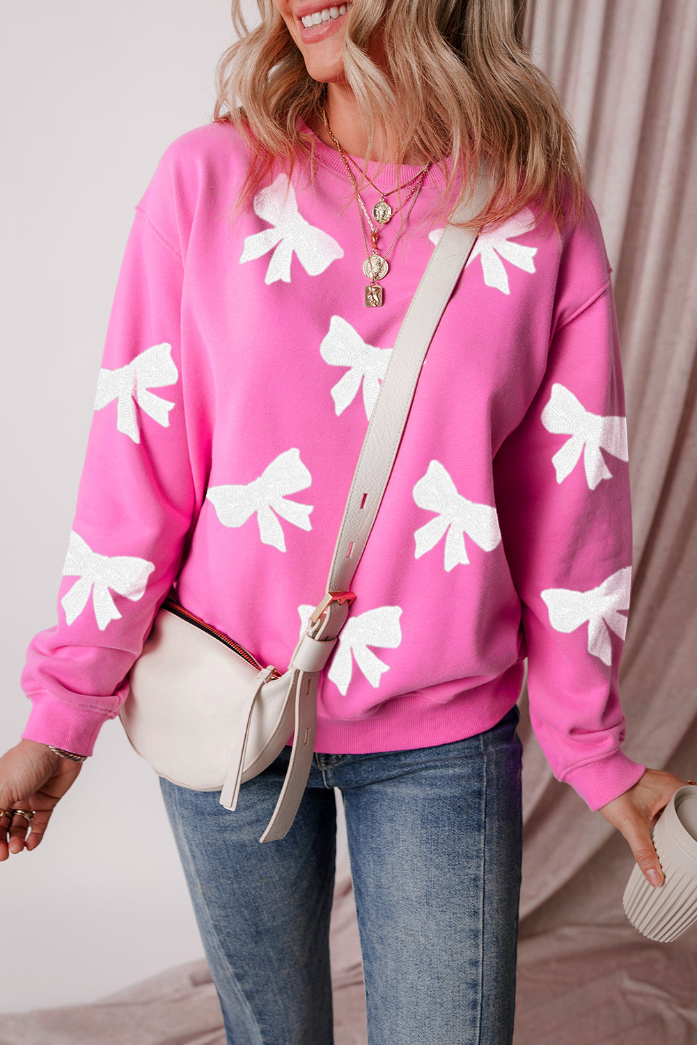 Sequin Bowknot Graphic Drop Shoulder Pullover Sweatshirt | Bonbon