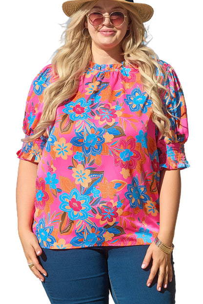 Plus Floral Print Frilly Neck Puff Sleeve Blouse | Rose