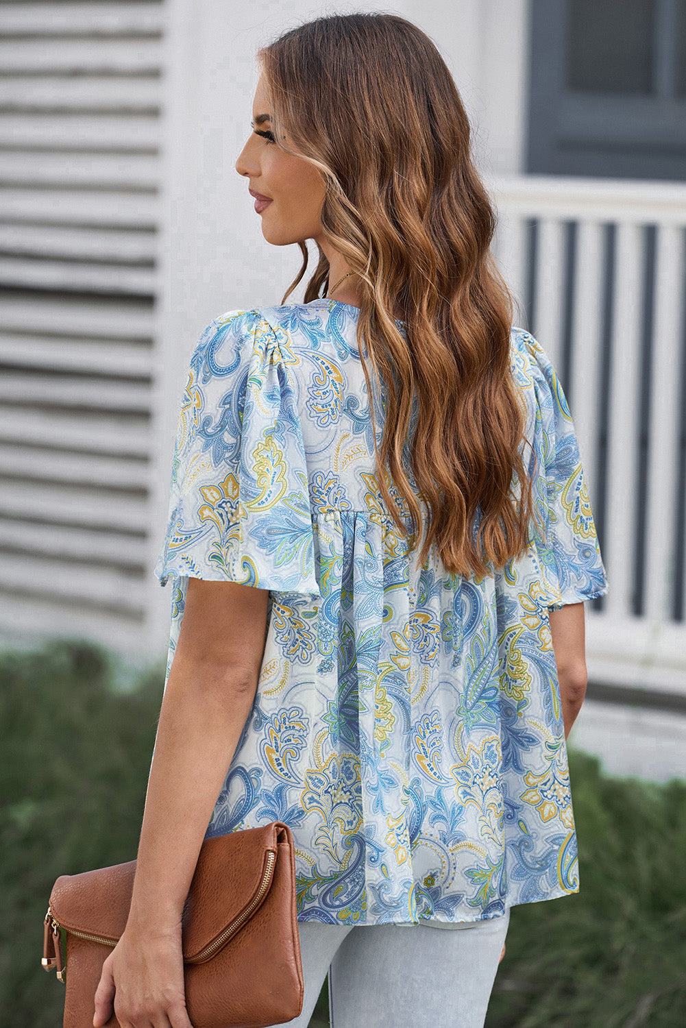 Paisley Print Wide Sleeves Loose Blouse | Sky Blue