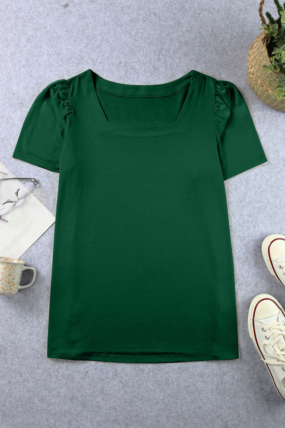 Plus Size Square Neck Ruched Shoulder Short Sleeve Top | Green