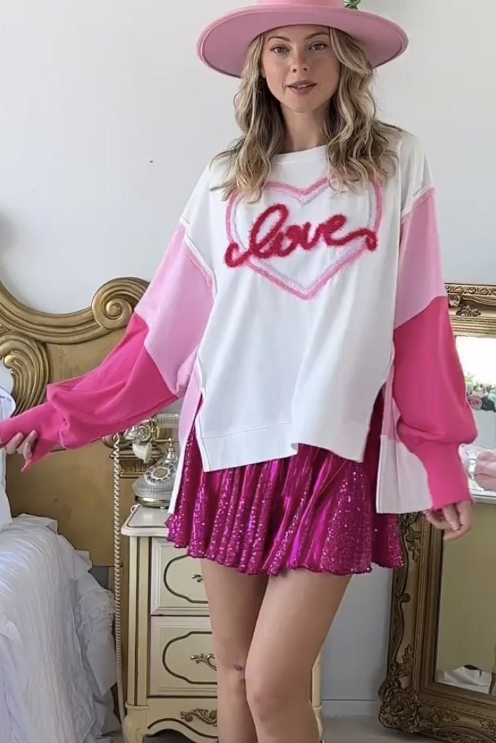 Tinsel Love Heart Graphic Colour Block Sleeve Sweatshirt | White