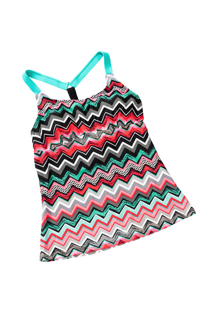 Zigzag Print Y Back Tankini Top | Coral Blue