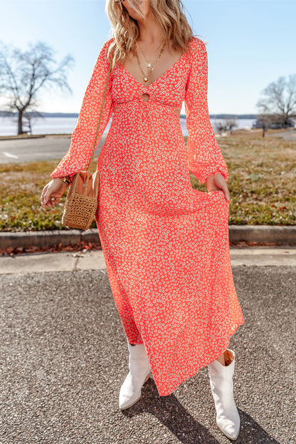 Red Floral Long Puff Sleeve V Neck Hollow Out Dress