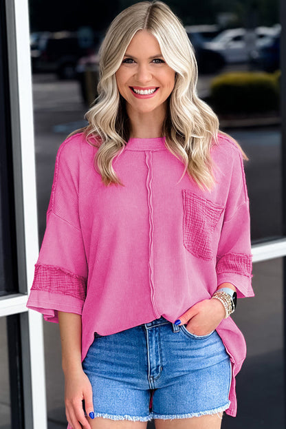 Oversized Mineral Wash Textured Bracelet Sleeve Top | Bright Pink