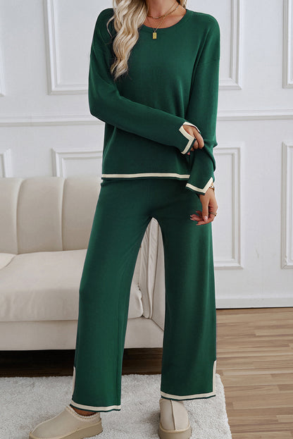 Contrast Trim Split Cuffs Long 2Pcs Sweater Outfit Loungewear | Blackish Green