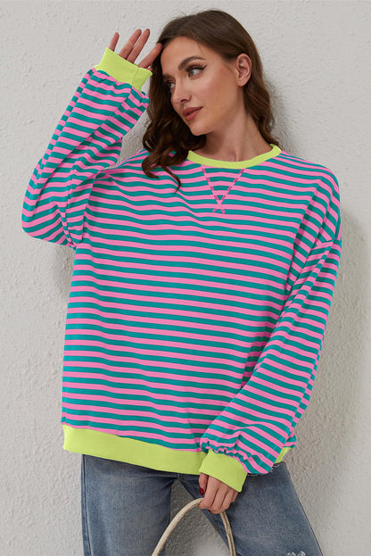 Oversized Contrast Trim Pullover Sweatshirt | Green Stripe