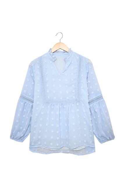 Blue Ruffled Split Neck Lace Hollow Out Puff Sleeve Polka Dot Blouse | Sky Blue